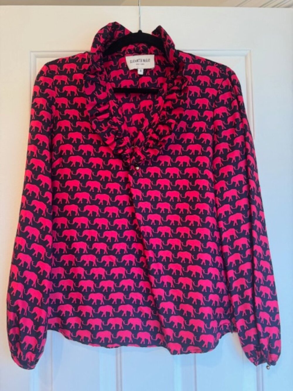Elizabeth McKay Signature Navy & Hot Pink Elephant Print Ruffle Blouse Size 4